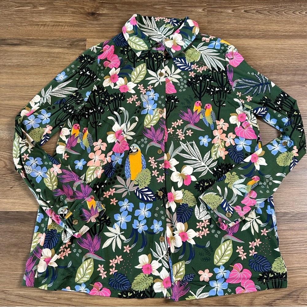 Susan Graver Long Sleeve Button Up Floral Bird Shirt Liquid Knit Top Green Small